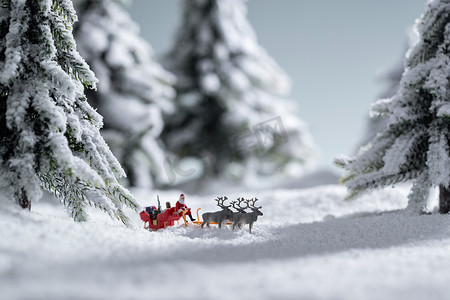 中国鹿摄影照片_雪地上驯鹿拉着圣诞老人