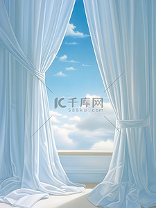 窗户窗帘背景图片_白色窗帘蓝色天空淡淡云朵背景16
