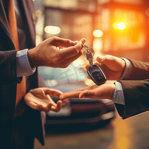 汽车业务汽车销售运输人员和所有权概念-近距离汽车销售人员在车展背景下给新车主或客户钥匙