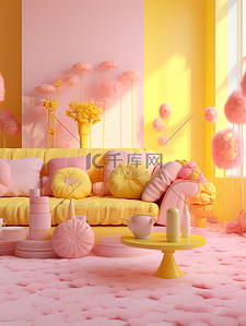 粉彩房间粉黄色家具背景10