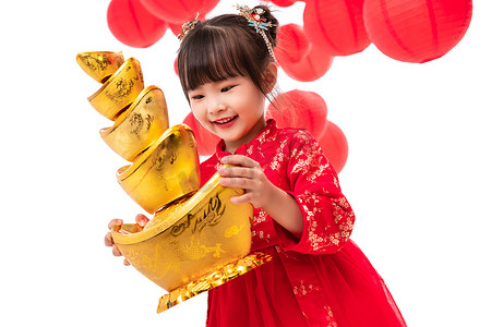 灯笼新年金色摄影照片_可爱的小女孩抱着一摞金元宝