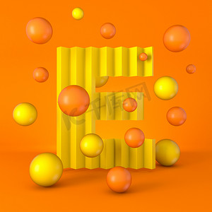 温暖极小的黄色闪光字体字母E 3D渲染图形孤立在橙色背景