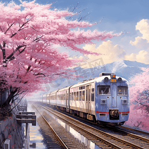 春景摄影照片_在樱花盛开的铁轨上飞驰的高速列车~日本山梨县JR胜间站铁道上美丽的樱花春景
