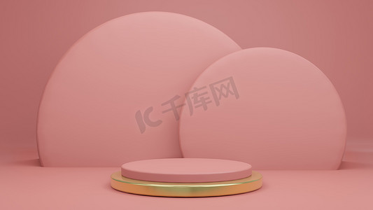粉红老玫瑰背景的3D渲染及产品摊位粉红、金