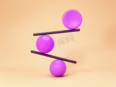 平衡球，创意概念，明亮的色彩，3D插图，渲染.