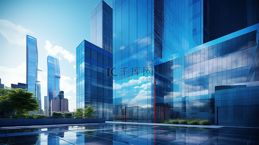 工作总结装饰背景图片_城市天际线的蓝色现代办公楼背景15