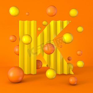 温暖极小的黄色闪光字体字母K 3D渲染图形孤立在橙色背景