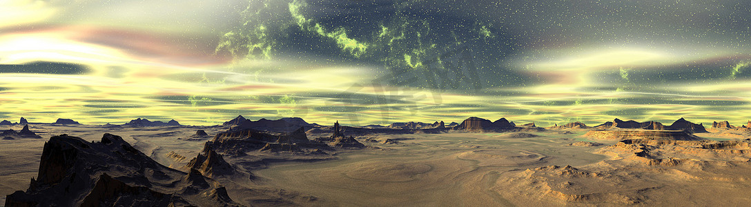 幻想的外星星球山。全景。3D插图