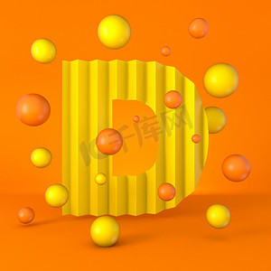 黄色字体背景摄影照片_温暖极小的黄色闪光字体字母D 3D渲染图形孤立在橙色背景