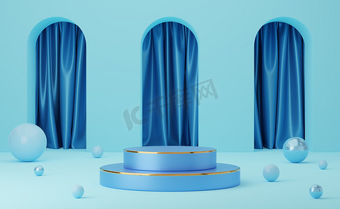 帷幕摄影照片_空的蓝色圆柱形讲台，金色边框，拱形和蓝色帷幕背景球体。摘要最小工作室3D几何形状对象.展示产品设计的模拟空间.3d渲染.