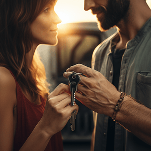 女人和男人手拿车钥匙靠得很近