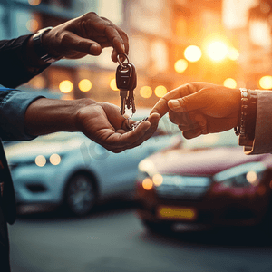 汽车业务汽车销售运输人员和所有权概念-近距离汽车销售人员在车展背景下给新车主或客户钥匙