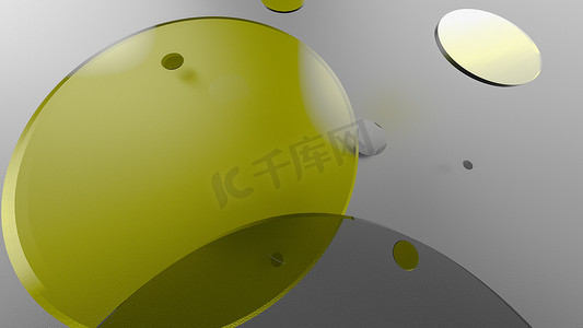 黄色的金属和不透明的圆圈和圆筒的彩色背景.透明玻璃图形设计的背景.3D渲染说明