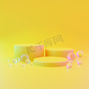三个圆柱形几何模型的讲台上的黄色照明背景与圆形玻璃球在地板上。化妆品广告的简约时髦风格。3D渲染说明.