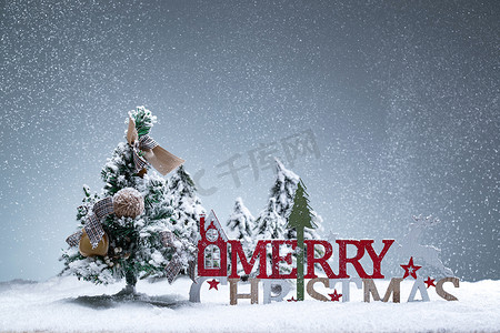 圣诞节白色英文摄影照片_雪中的圣诞树