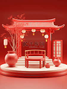 红色春节新年展示台背景中国风建筑