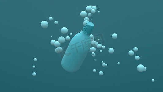 塑料瓶在蓝底的空气中飘扬着浮球.包装设计。3d说明.