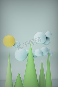 3D渲染。3D的创意构图将球和圆锥塑造成具有垂直云彩的自然景观