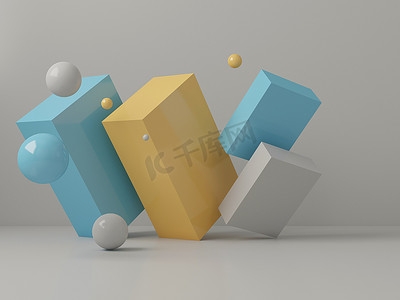 3D展示了蓝色和黄色盒子和球体在灰色背景下的简约静谧生活。明亮的极简主义网站或广告横幅