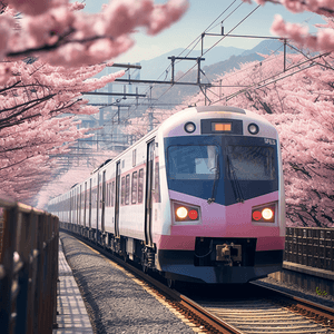 在樱花盛开的铁轨上飞驰的高速列车~日本山梨县JR胜间站铁道上美丽的樱花