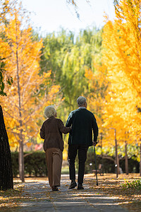 老年夫妇在户外散步的背影