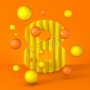 温暖极小的黄色闪光字体编号8 EIGHT 3D渲染图形孤立于橙色背景