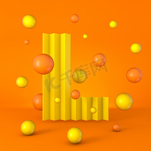 3d渲染字母摄影照片_温暖极小的黄色闪光字体字母L 3D渲染图解隔离在橙色背景