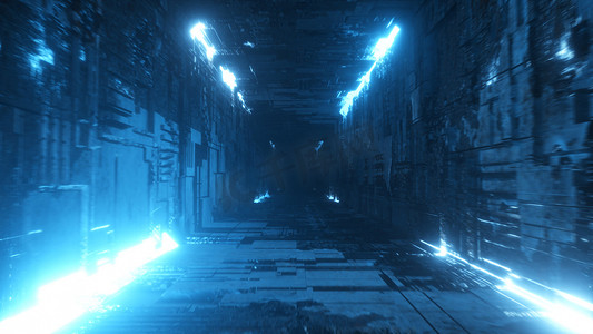 在一个带有霓虹灯的未来派金属走廊中无休止地飞行。现代蓝光光谱3D图解