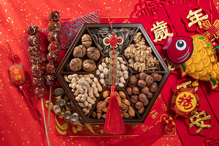 金色百福底纹摄影照片_糖葫芦和中式坚果果盘