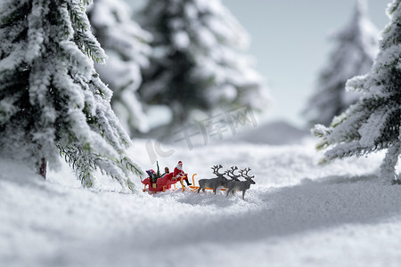 雪地上驯鹿拉着圣诞老人