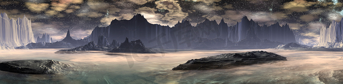 毁坏的星球摄影照片_幻想的外星星球山和湖。全景。3D插图
