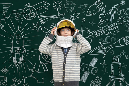 思考插画摄影照片_戴着航天员头盔的小男孩站在黑板前