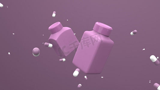 药用塑料瓶在紫色背景的空气中飘扬着漂浮的药丸。药包设计。3d说明.