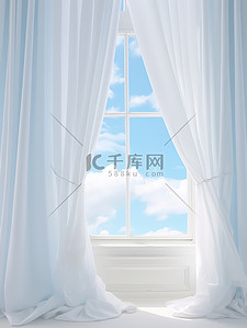 白色窗帘蓝色天空淡淡云朵背景2