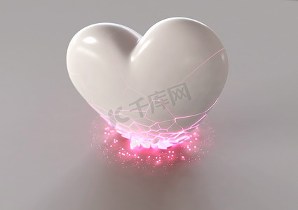 一颗坠落的心在撞击发出粉色光芒的表面时破碎了- - 3D渲染