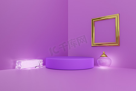 简约紫色背景摄影照片_具有几何图形空和紫色或紫罗兰色作曲的Podium，用于现代舞台展示和简约的模型、抽象的展示背景、概念3D插图或3D渲染