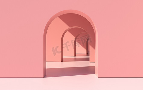 简朴摄影照片_3D渲染。拱廊简朴的几何背景,建筑走廊,门廊,拱廊内的空墙.现代最低概念