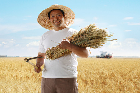 抱麦子麦子摄影照片_一个农民站在麦田里