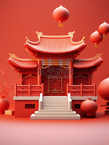 中国风背景图片_红色春节新年展示台背景中国风建筑