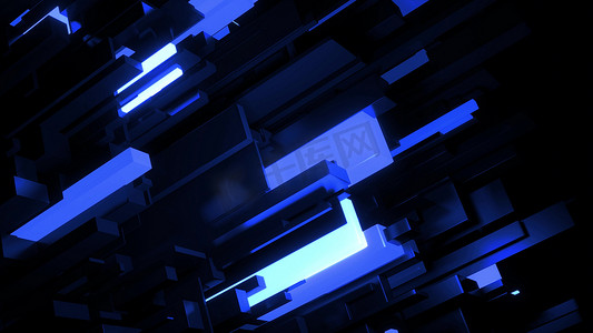 3D渲染。黑暗的科幻小说蓝色背景。抽象的暗号霓虹灯使灯泡变亮.不同尺寸的立方体网络照明蓝色霓虹灯.区块链技术可视化