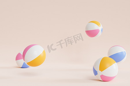 夏季米色背景与充气海滩球，复制空间，最小3D插图渲染