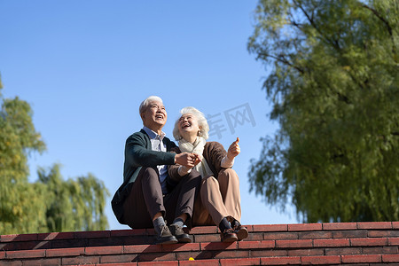 国际老年人日海报摄影照片_户外幸福的老年夫妇坐在台阶上看风景