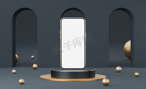 边框金色边框摄影照片_黑色圆柱形讲台上的银手机，金色边框，三个拱形灰色背景上的球。最小的工作室。远足者为现代人模拟空间.带有空白白屏的智能手机。3D渲染.
