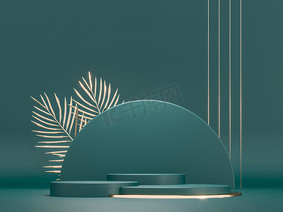 圆形基座，绿色圆柱形，金色棕榈叶- 3D渲染说明。创意广告的雕塑构图。空荡荡的讲台,产品推广的基础.奢华的黑暗皇家模型