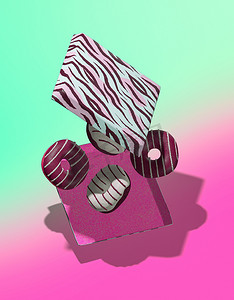 创意最小的食物设计3D在等距粉色蓝色空间的盒子中渲染甜甜圈。餐厅、面包店、糖果店、食品递送概念现代艺术.