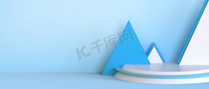 横幅几何摄影照片_创意。Podium展示了蓝色墙壁背景下的几何形状三角形极小和现代舞台概念设计。产品的复制空间,设计横幅. 3D渲染