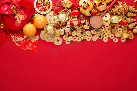 Chinese new year decorations, Gold Coins and money bag with character meaning, 