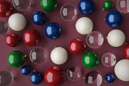 3D渲染，各种颜色的圣诞球红色，蓝色，绿色，粉色帆布上的水晶，顶部视图
