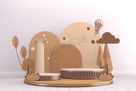 现代圆柱形花坛的棕色和装饰卡通风格。 3D渲染