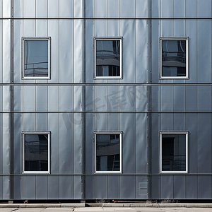 复合铝板摄影照片_工业建筑的灰色门窗铝板立面细节